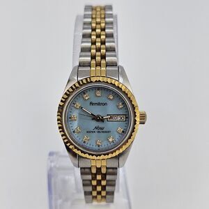 Armitron Women's‎ Watch 24MM Blue Dial Day Date Two Tone Band 6.5" New Battery